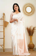 DEIANA'S Beautiful Designer Golden zari Soft Lichi Silk Saree - White