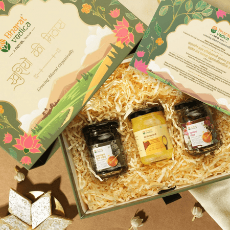 Bharat Vedica Gift Hamper (125g Ajwain Honey, 125g Gulkand Honey, 125ml A2 Cow Ghee)