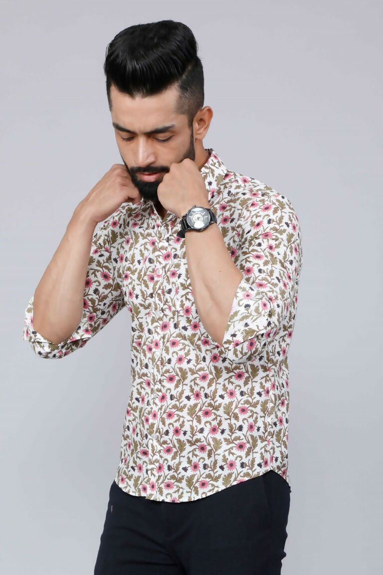 Miravan Men's Cotton Printed Full Sleeve Slim Fit Spread Neck White & Pink Colour Shirt