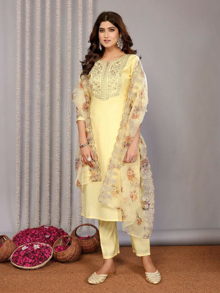 Joban Fashion Women Pale Yellow Roman Embroidery Stitched Kurta Set