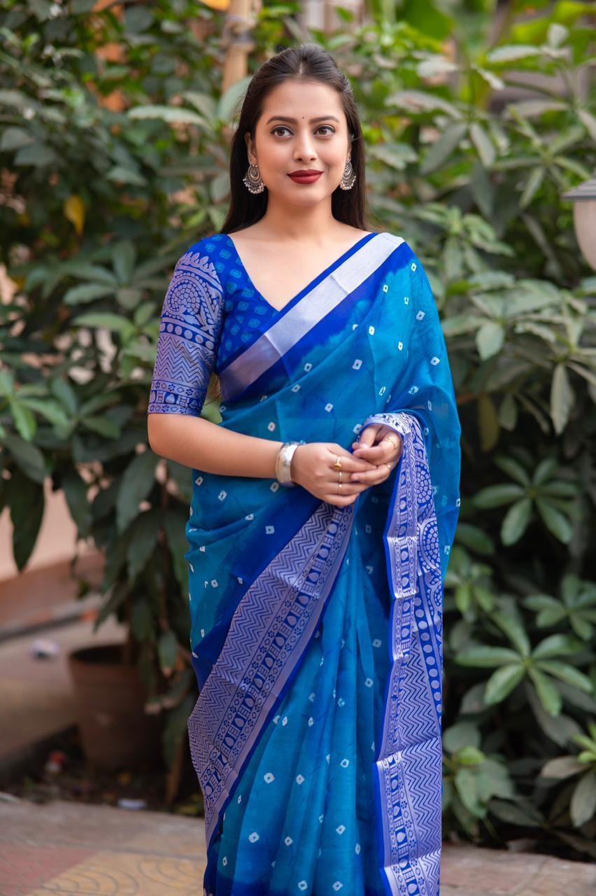 Blue Jute Silk Ethnic Motifs Saree with Unstitched Blouse - A2M - Distacart