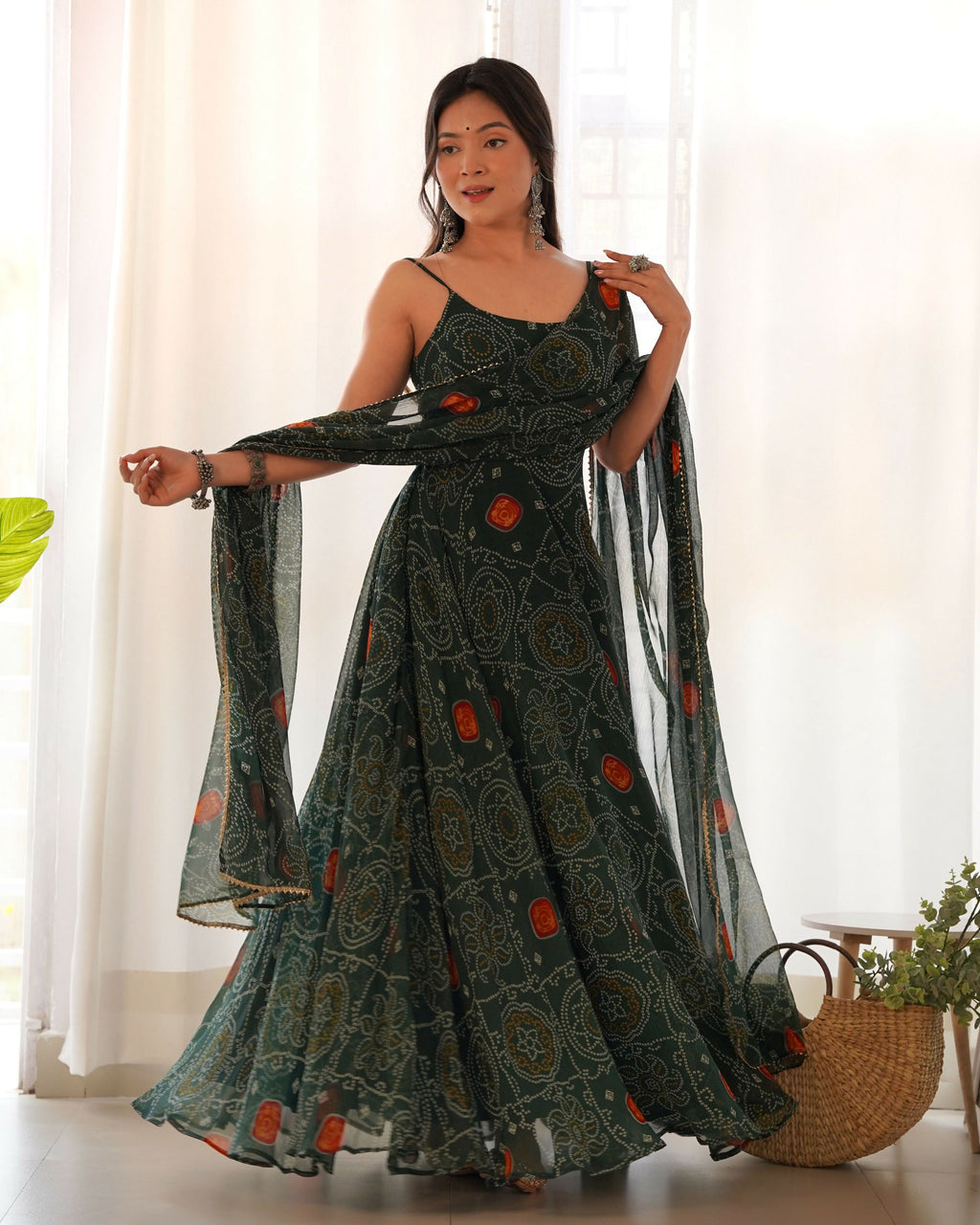 Joban Fashion Bottle Green Kurta Set Chiffon Sequin Embroidery Work - Distacart