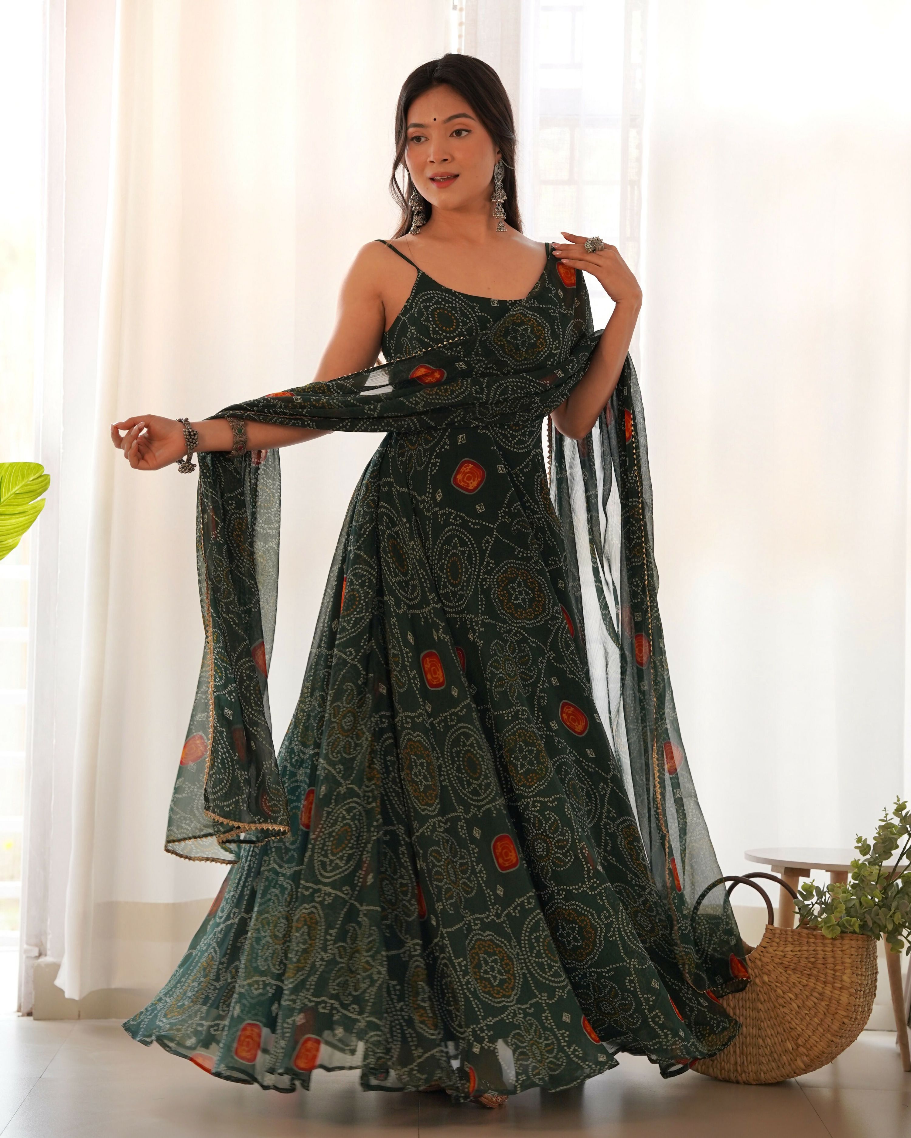 Joban Fashion Bottle Green Kurta Set Chiffon Sequin Embroidery Work - Distacart