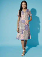 Myshka Women Multi Geometric Rayon A-Line Round Neck Dress - Distacart