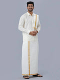 Ramraj Cotton Premium Wedding Cream Readymade Dhoti, Shirt & Towel Set Dhanvanthri