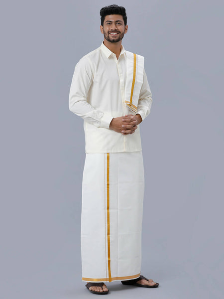 Ramraj Cotton Premium Wedding Cream Readymade Dhoti, Shirt & Towel Set Dhanvanthri