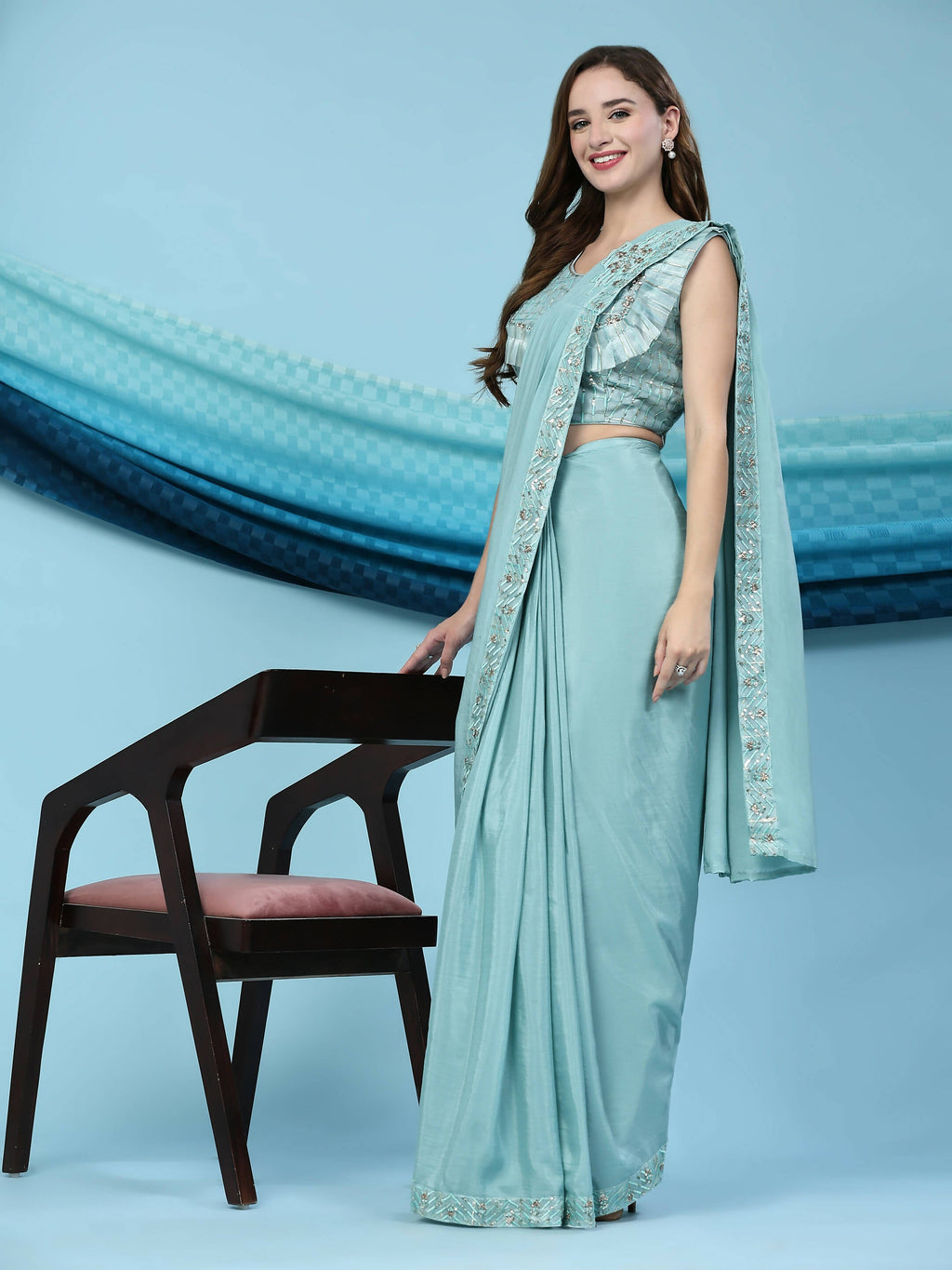 Sky Blue Silk Satin Solid Ready to wear Saree with stitched Blouse - Satiksha