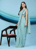Sky Blue Silk Satin Solid Ready to wear Saree with stitched Blouse - Satiksha