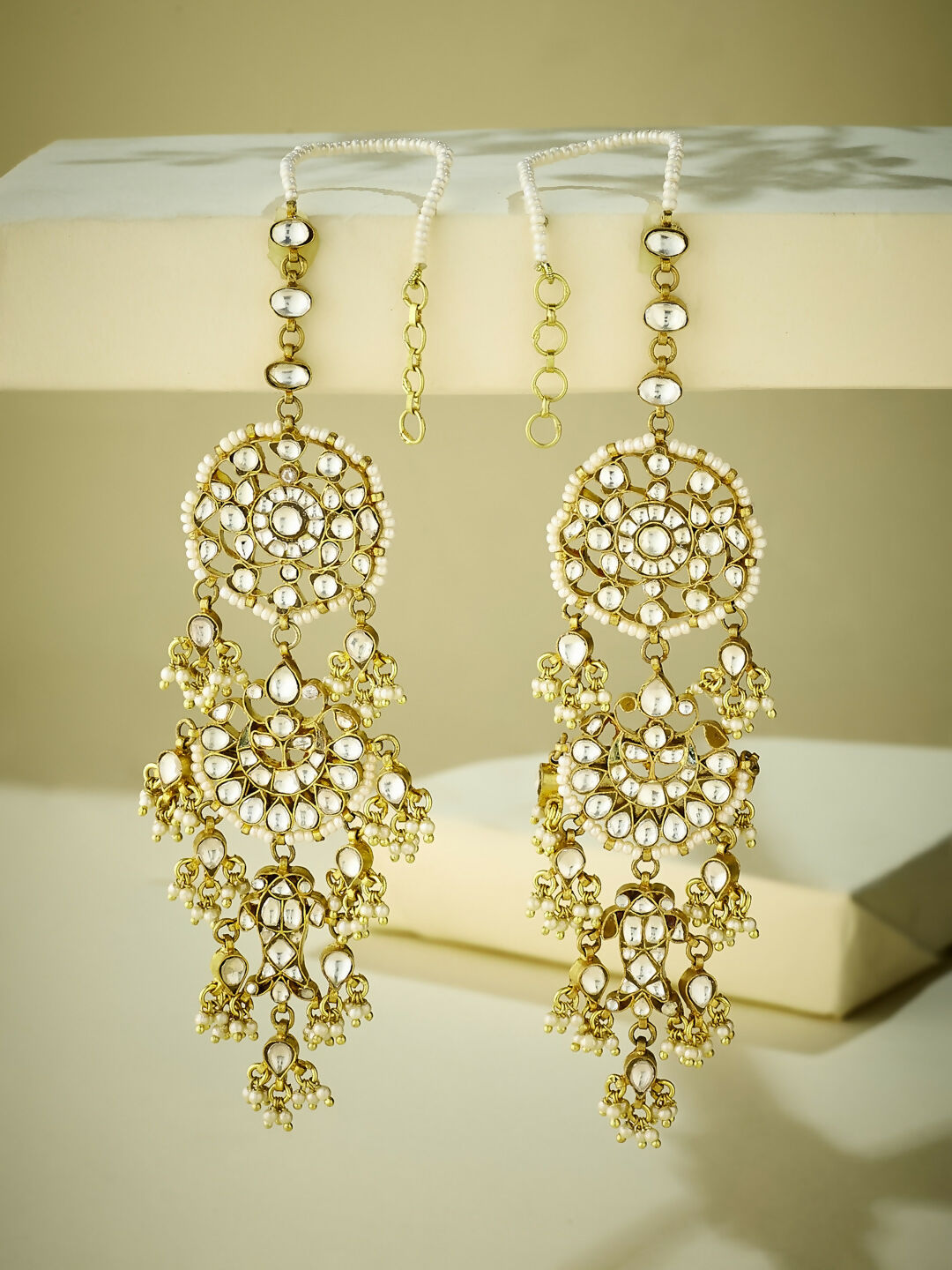 Nuyug 22 K Gold-Plated Elegant Kundan Studded & Pearl Beaded Crescent Shaped Kanauti Earrings - Distacart