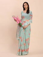 Shree Shyam Fashion Linen Cotton Sea Green Saree - Distacart
