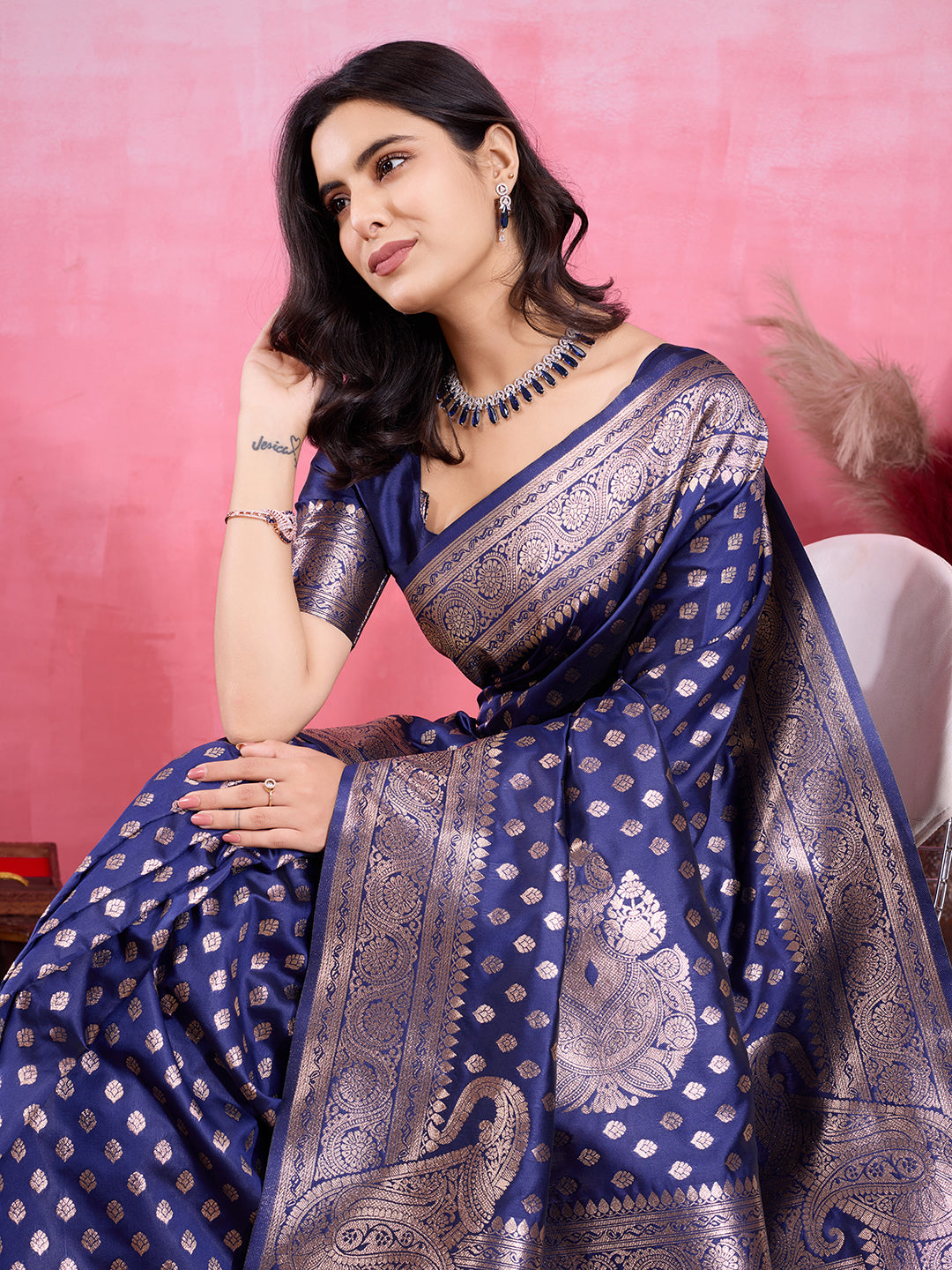 Vedant Vastram Banarasi Silk Fashion Saree - Navy