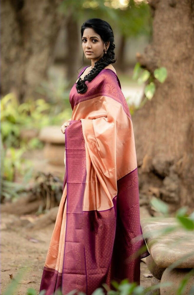 DEIANA'S Beautiful Designer Golden zari Soft Lichi Silk Saree - Peach