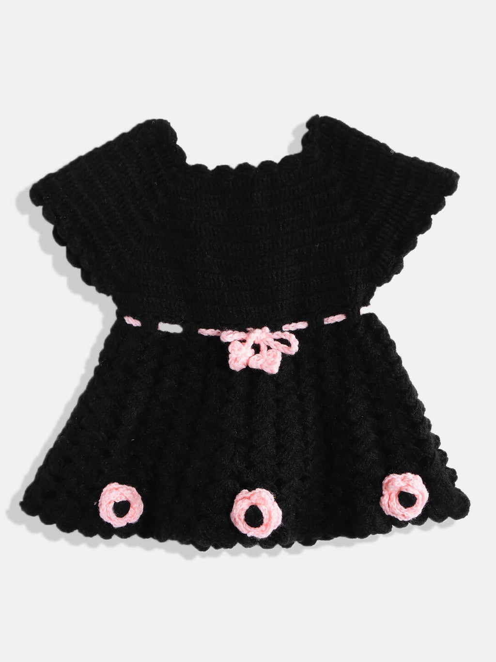 Chutput Kids Woollen Hand Knitted Full Sleeves Cardigan With Short Sleeves Flower Work Dress For Baby Girls - Pink