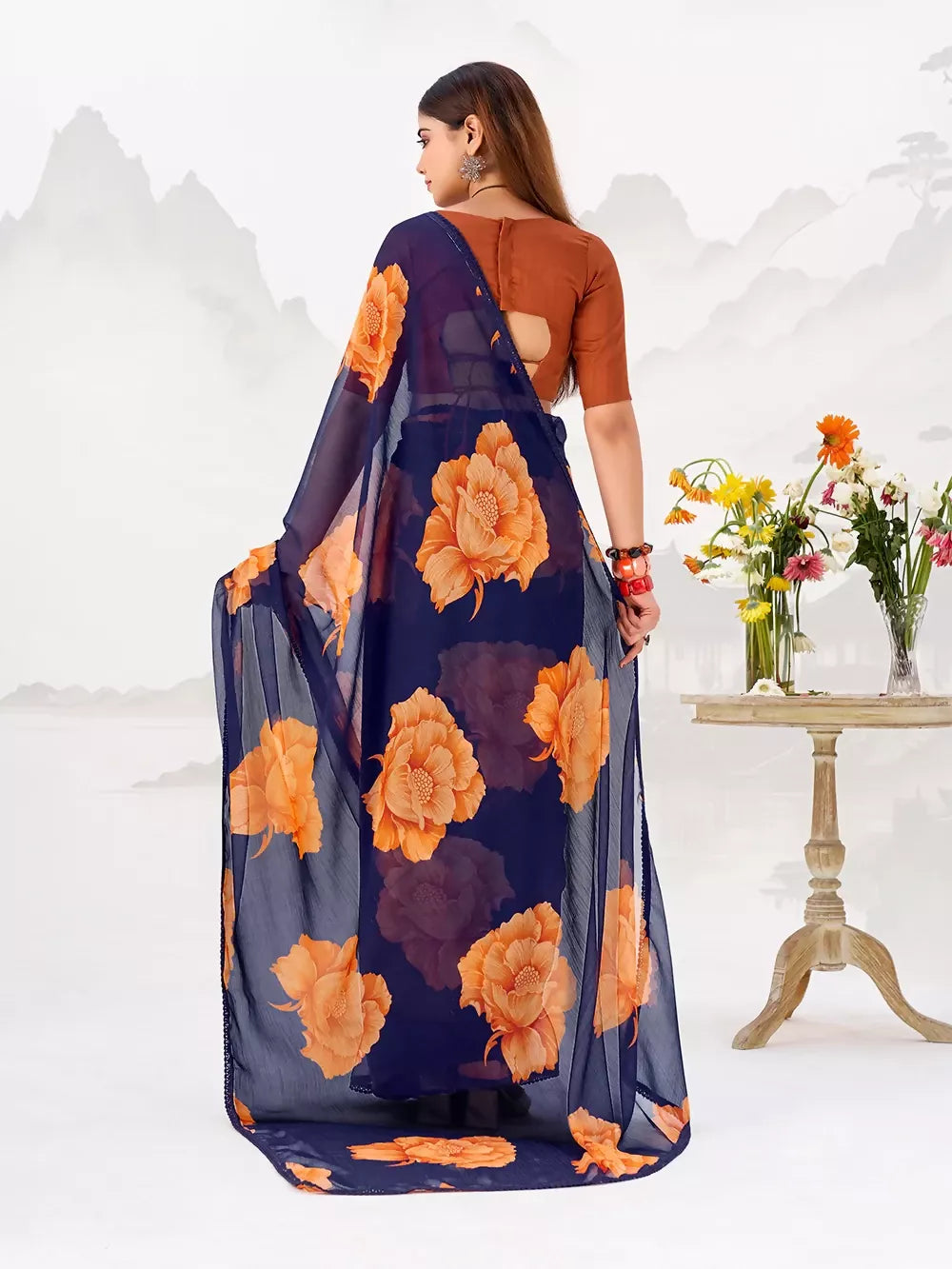 Vastranavya Navy Blue Floral Print with Lace Border work Chiffon Saree & Unstitched Blouse - Distacart