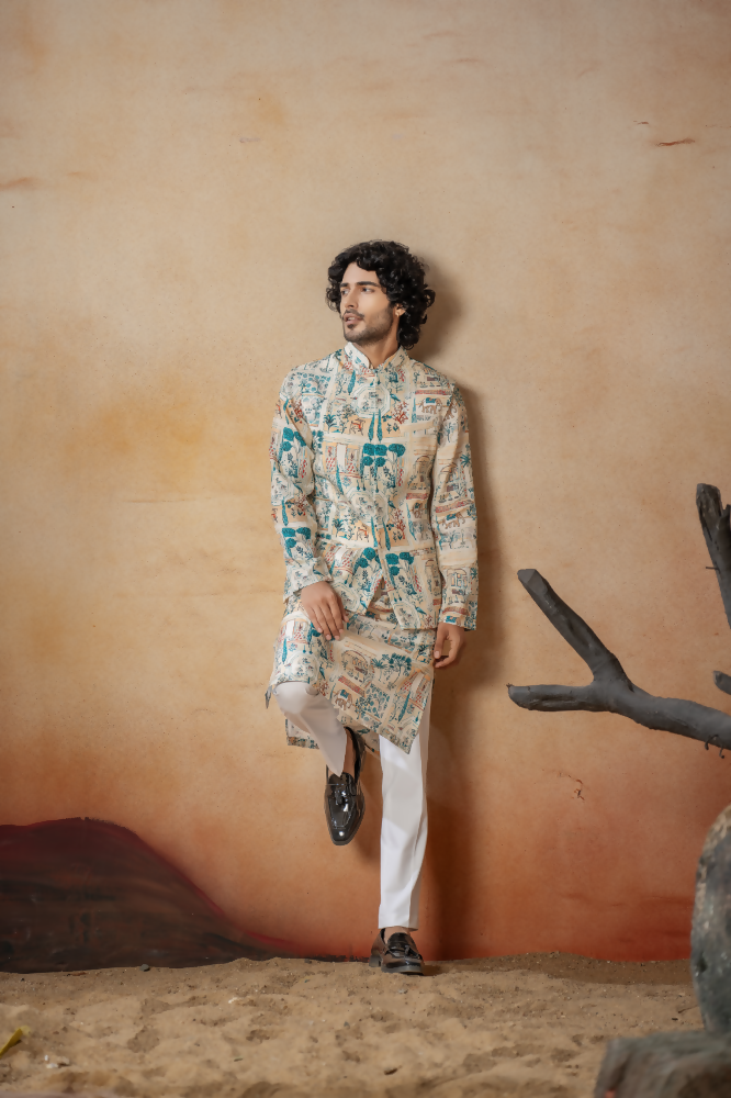 Classic Forest Print Silk Nehrujacket Set by Hilo Design