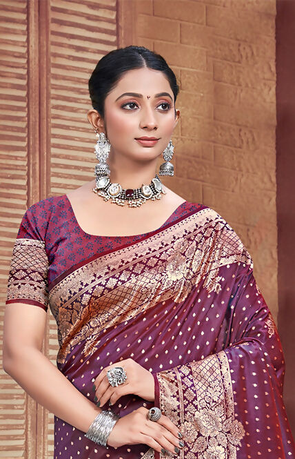 Sangam Prints Wine Silk Woven Work Traditional Saree