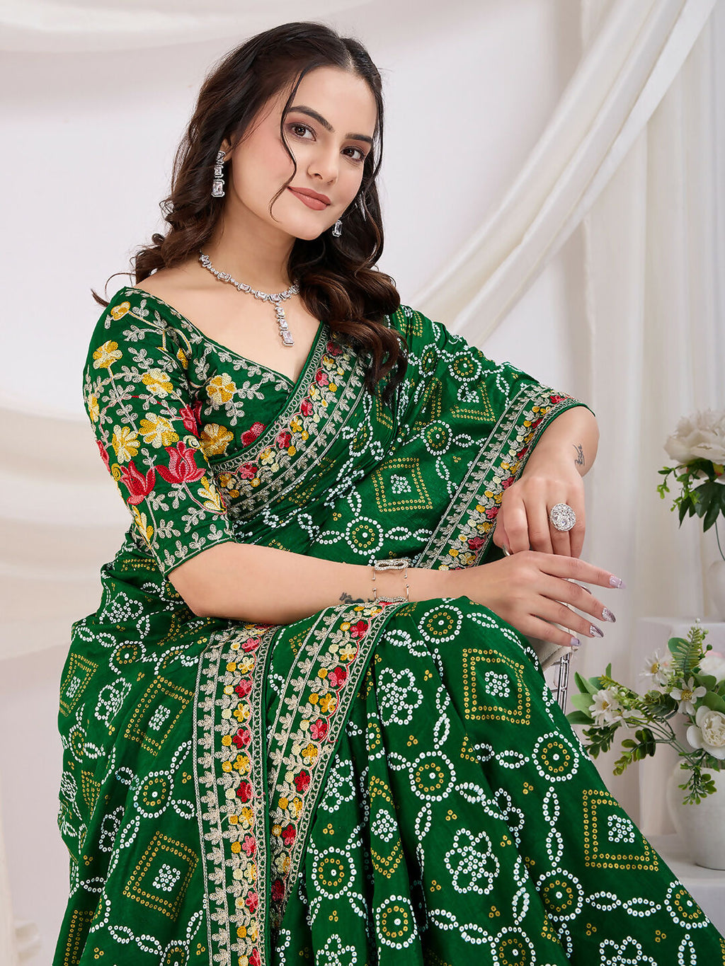 Green Vichitra Silk Bandhani Printed, Embroidery Work Saree - Ditya