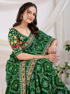 Green Vichitra Silk Bandhani Printed, Embroidery Work Saree - Ditya