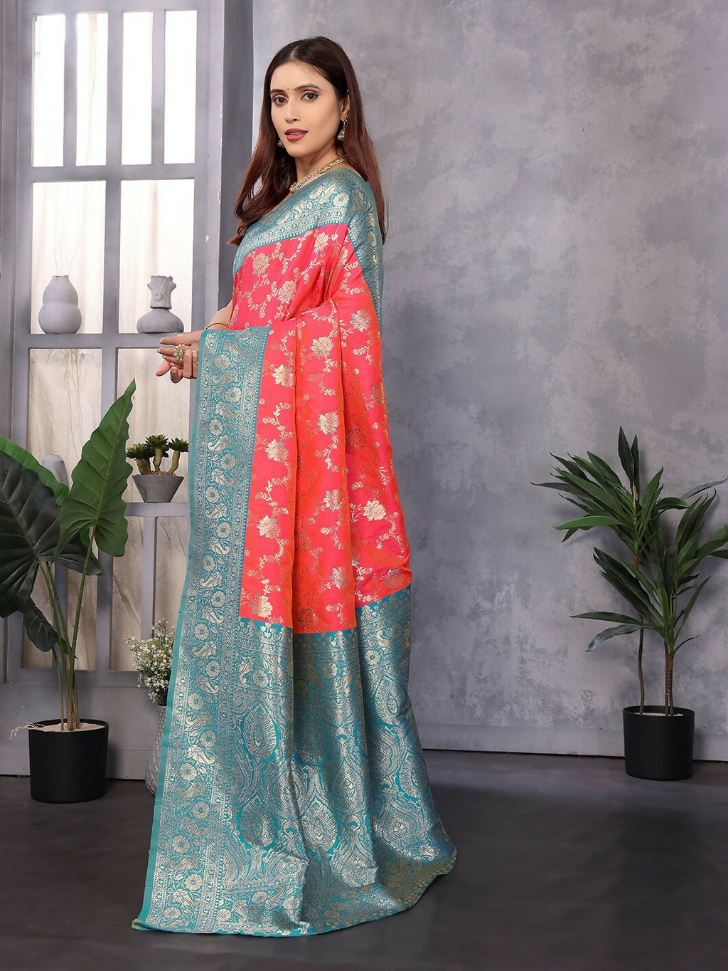 Joban Fashion Banarasi Peach Woven Soft Silk Saree - Distacart