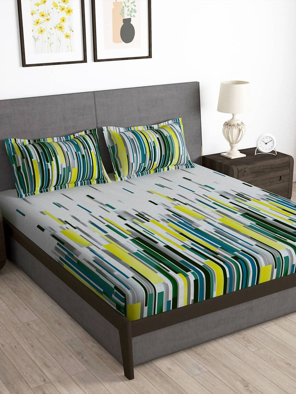Story@home Grey & White Striped Microfiber 180 TC Bedsheet With Pillow Cover