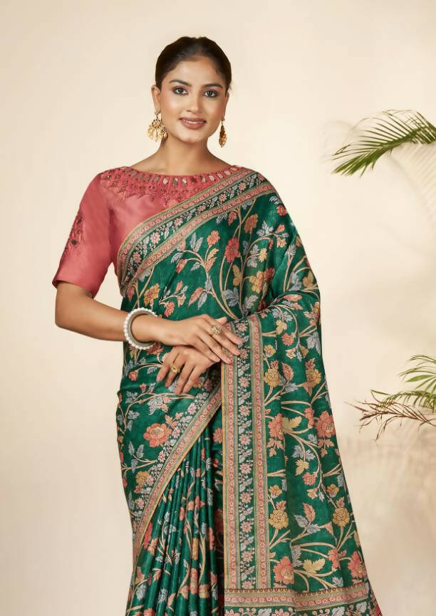 Green Gajji Silk Floral Print with Hand Mirror work Border Saree - Norita Nirvi