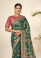 Green Gajji Silk Floral Print with Hand Mirror work Border Saree - Norita Nirvi