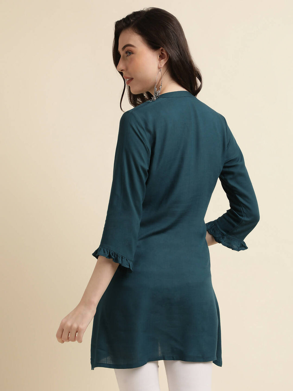 Teal Rayon Yoke Embroidered A-line Top - Tarini