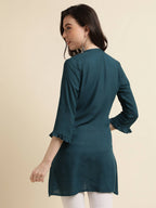Teal Rayon Yoke Embroidered A-line Top - Tarini