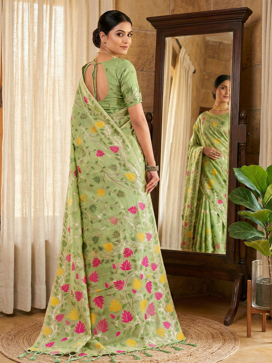 Shree Shyam Fashion Green Linen Cotton Saree - Distacart