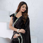 Black Pure Crepe Silk Diamond With Hand Work Saree With Unstitched Blouse - Norita Swaraa
