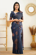 DEIANA'S Beautiful Designer Golden zari Soft Lichi Silk Saree - Navy Blue