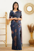 DEIANA'S Beautiful Designer Golden zari Soft Lichi Silk Saree - Navy Blue