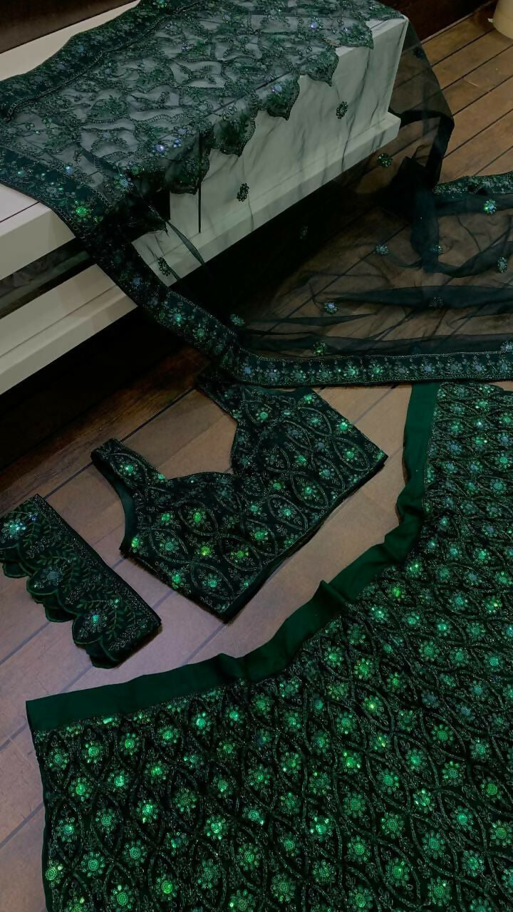 Jyoti Fashion Women's Dark Green Net Sequins with Dori & Thread Embroidered Designer Lehenga Choli Set