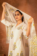 Joban Fashion Off White Yellow Hand Block Printed Cotton Suit Set - Distacart