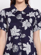 Myshka Women's Navy Blue Printed Cotton Short Sleeve Collar Neck Casual Dress