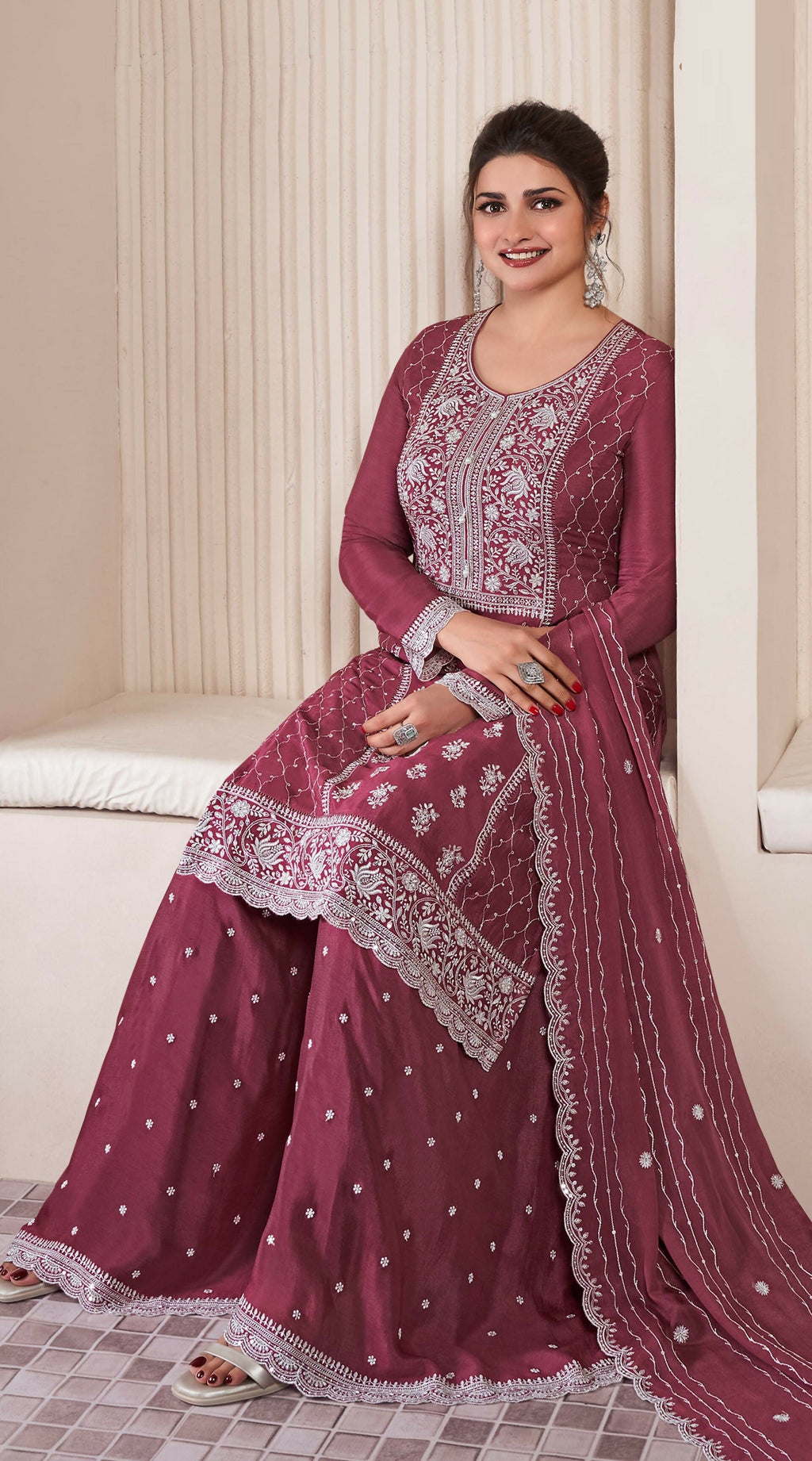 Anaita Maroon Embroidered Work Silk Stitched Sharara suit - Distacart