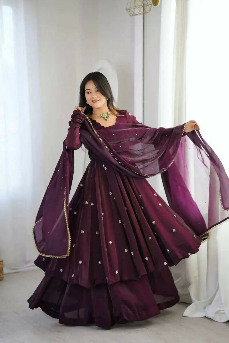 Teeya Creation Violet Crunchy Silk Embroidery Work Designer Suit - Distacart