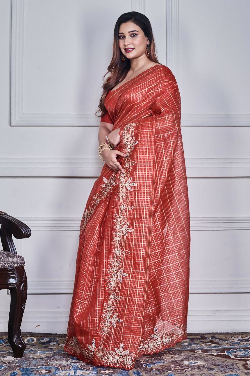 Morchari Red Kota Check Zari Embroidery Saree Unstitched Blouse - Distacart