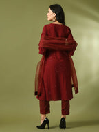 Myshka Women's Maroon Embroidered Cotton A-Line Party Kurta Set With Dupatta