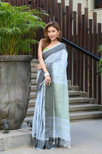 Beatitude Grey Cotton Jacquard Border Tangail Handloom Saree