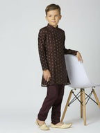 Joban Fashion Kids Island Full Sleeves Chanderi Kurta, Pyjama Set with Traditional Butta Work - Brown - Distacart