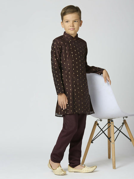 Joban Fashion Kids Island Full Sleeves Chanderi Kurta, Pyjama Set with Traditional Butta Work - Brown