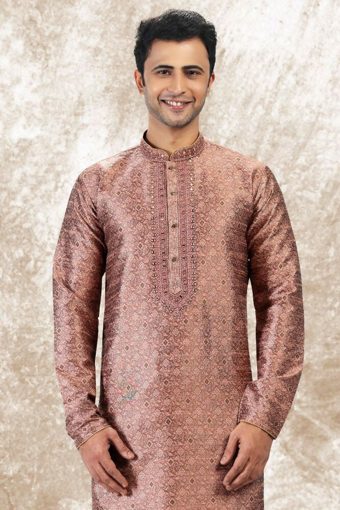 Raivat Ethnic Jacquard Silk Brocade Mirror and Thread Work Kurta Pajama In Onion Pink Colour