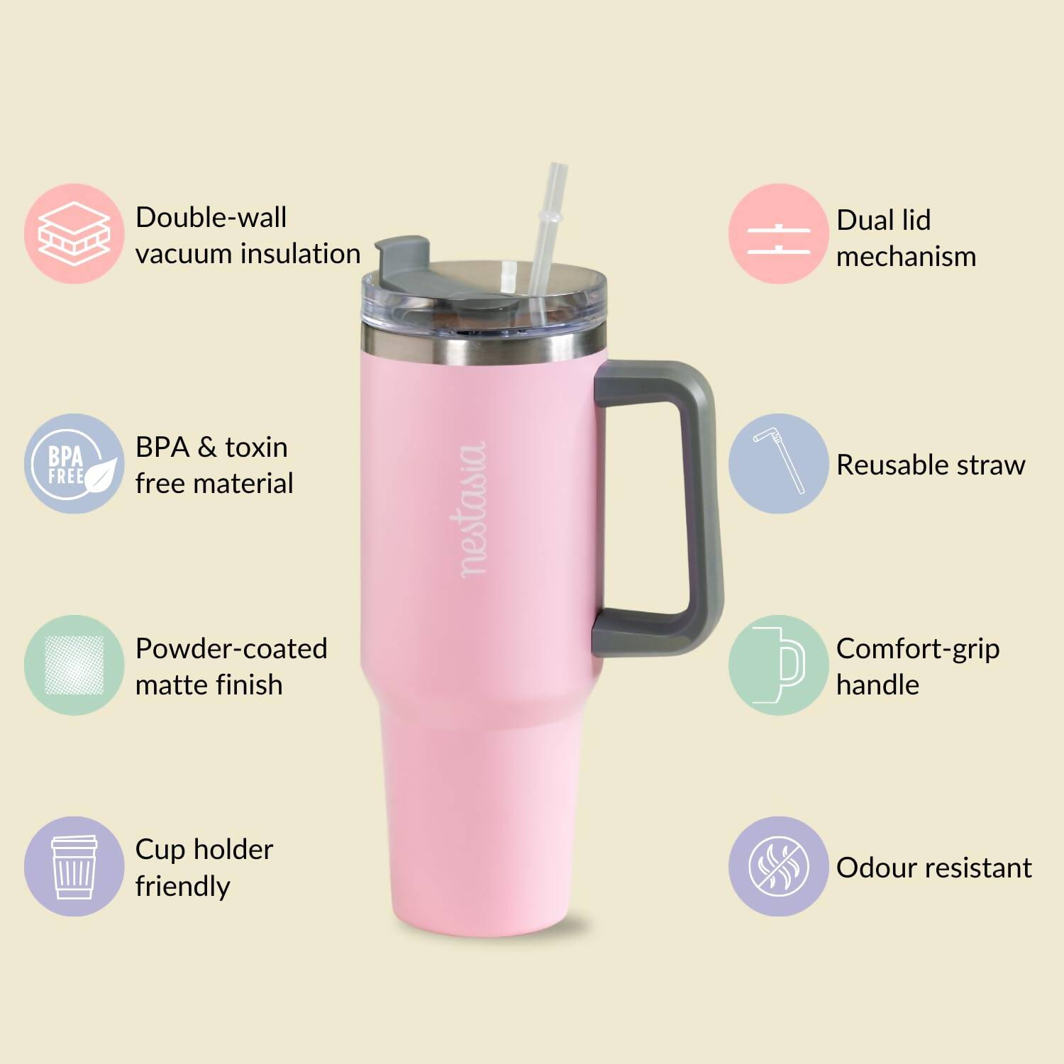 Nestasia Tumbler with Handle Straw & Lid - 1.2L (Pink)