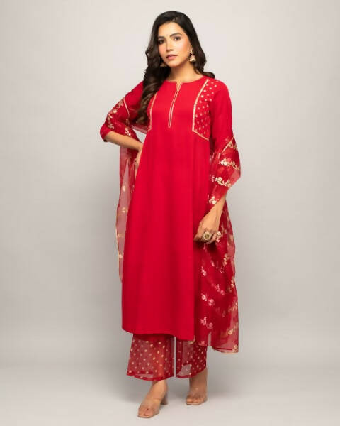 FIORRA Women's Red Creap A-Line Kurta Palazzo Set With Dupatta