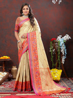 Lorenvalley Fashion Cream Kanjivaram Silk Woven Design with Zari Weaving Saree