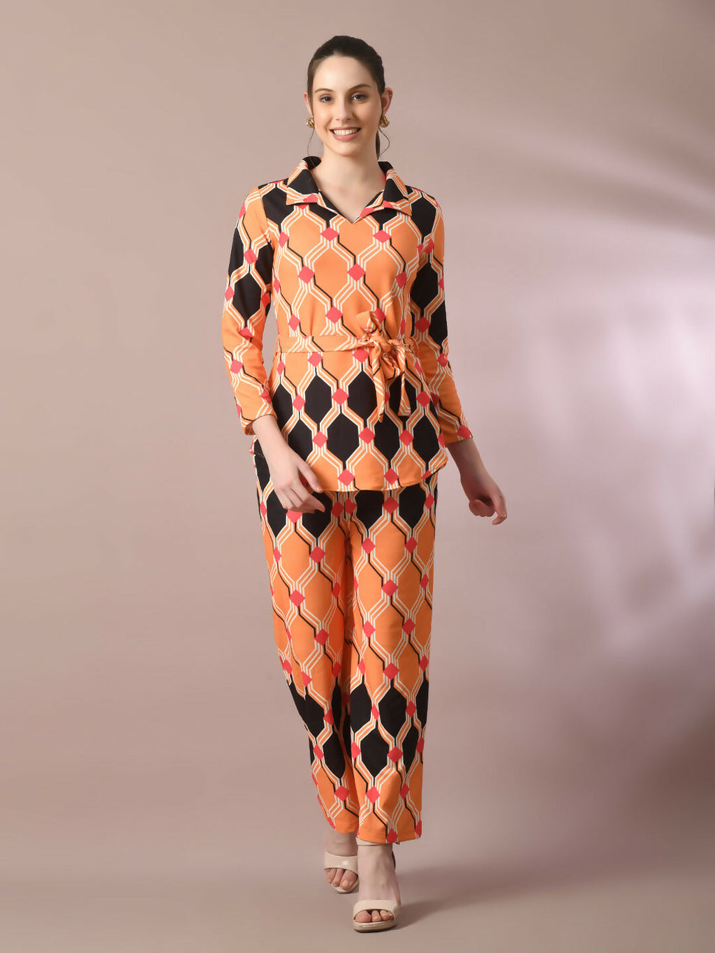 Myshka Women's Multi Printed Polo Collar Party Top With Trousers Co-ord set