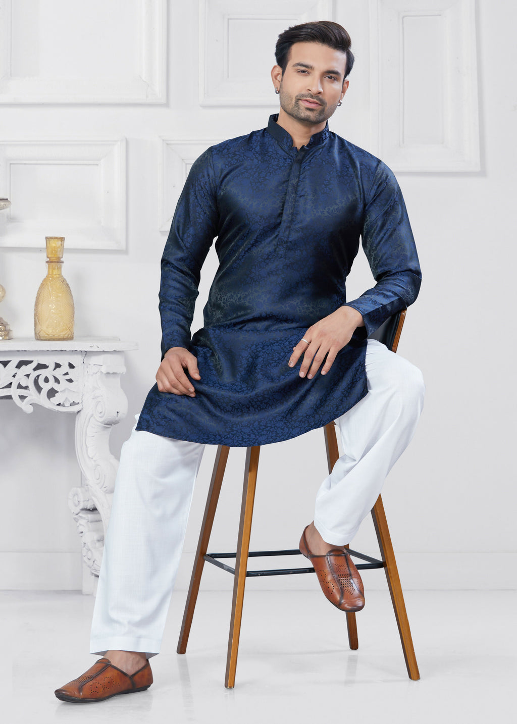 Joban Fashion Men's Jacquard Silk Navy Blue Printed Kurta Pyjama set