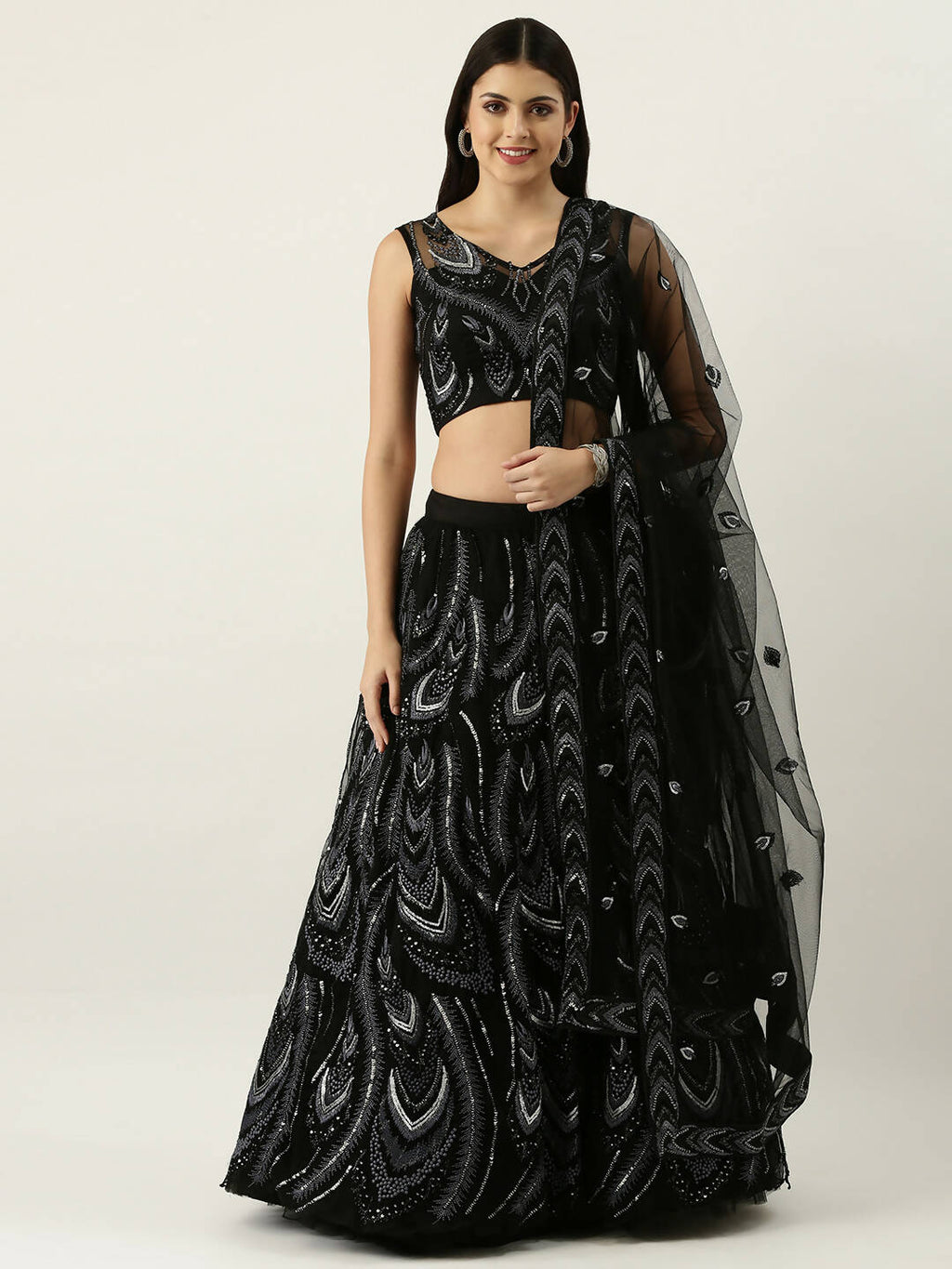 House of Panchhi Women Black Net Sequins Embroidered Lehenga & Blouse with Dupatta