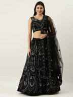 House of Panchhi Women Black Net Sequins Embroidered Lehenga & Blouse with Dupatta